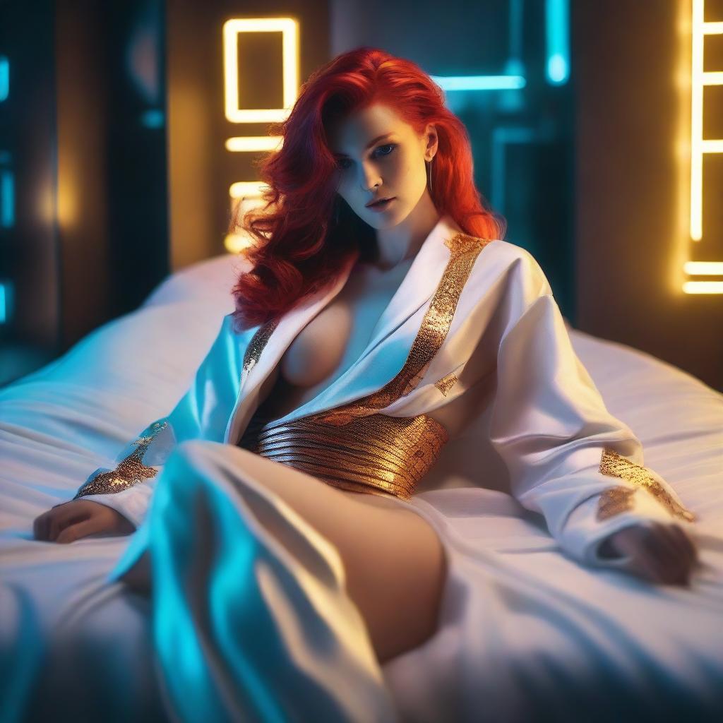 A full-body image of a red-haired, fair-skinned cyberpunk goddess in a white and gold low-cut robe with sides slit to the hips, lying on her side in bed