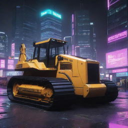 A bulldozer rendered in a cyberpunk aesthetic, featuring neon-lit details, high-tech functionalities, digital interfaces, and scanning devices amidst an urban cityscape backdrop.