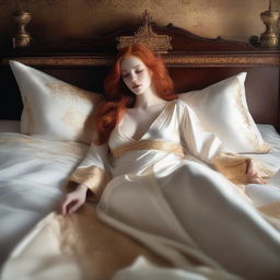 A full-body image of a red-haired, fair-skinned goddess of good in a white and gold low-cut robe with sides slit to the hips, lying on her side in bed