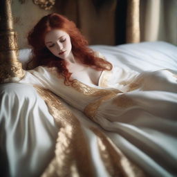 A full-body image of a red-haired, fair-skinned goddess of good in a white and gold low-cut robe with sides slit to the hips, lying on her side in bed