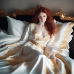 A full-body image of a red-haired, fair-skinned goddess of good in a white and gold low-cut robe with sides slit to the hips, lying on her side in bed