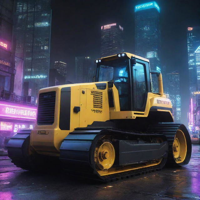 A bulldozer rendered in a cyberpunk aesthetic, featuring neon-lit details, high-tech functionalities, digital interfaces, and scanning devices amidst an urban cityscape backdrop.