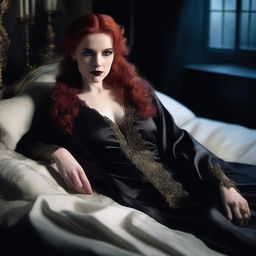 A full-body image of a red-haired, fair-skinned female vampire lying on her side in bed