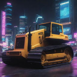 A bulldozer rendered in a cyberpunk aesthetic, featuring neon-lit details, high-tech functionalities, digital interfaces, and scanning devices amidst an urban cityscape backdrop.