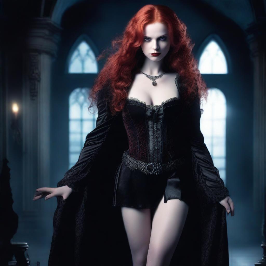 A full-body image of a red-haired, fair-skinned female vampire with her legs spread