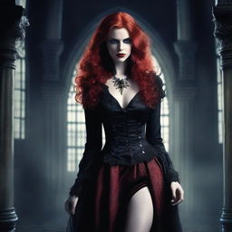 A full-body image of a red-haired, fair-skinned female vampire with her legs spread