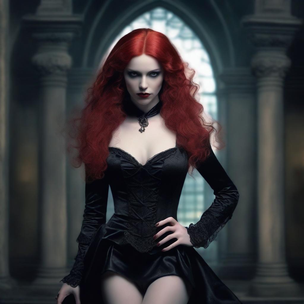 A full-body image of a red-haired, fair-skinned female vampire with her legs spread