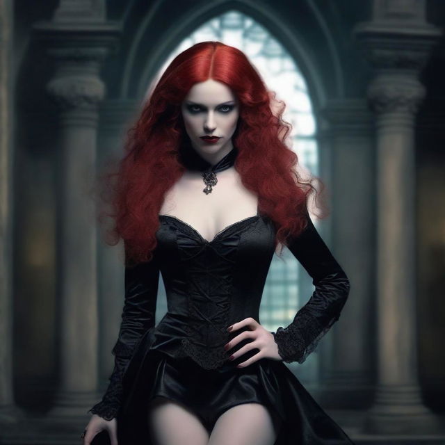 A full-body image of a red-haired, fair-skinned female vampire with her legs spread