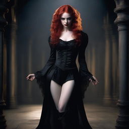 A full-body image of a red-haired, fair-skinned female vampire with her legs spread