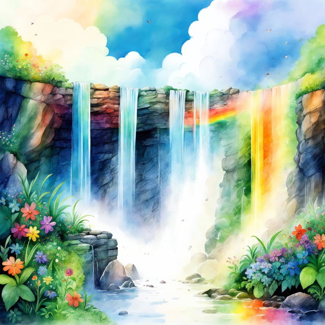 A vibrant watercolor of a rainbow over a cascading waterfall surrounded by lush greenery and colorful flowers, perfect for a children's book