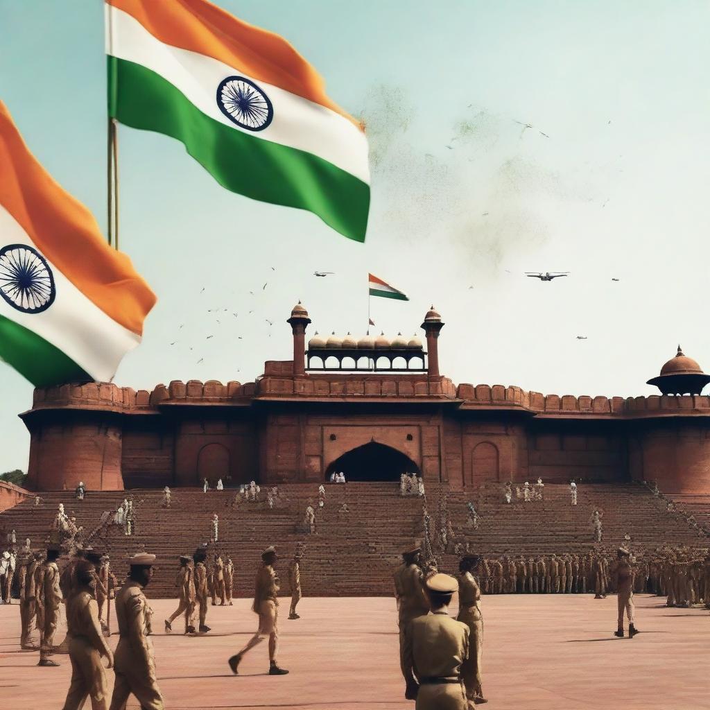 A cinematic and dramatic scene showing many people including men, women, kids, cops, and soldiers saluting an Indian flag in front of the terrace of the Red Fort