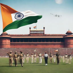 A cinematic and dramatic scene showing many people including men, women, kids, cops, and soldiers saluting an Indian flag in front of the terrace of the Red Fort