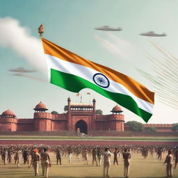 A cinematic and dramatic scene showing many people including men, women, kids, cops, and soldiers saluting an Indian flag in front of the terrace of the Red Fort