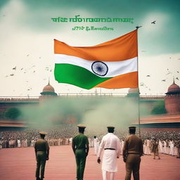 A cinematic and dramatic scene showing many people including men, women, kids, cops, and soldiers saluting an Indian flag in front of the terrace of the Red Fort