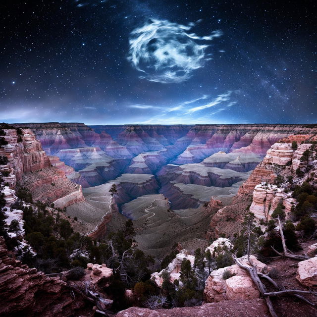 A breathtaking view of the Grand Canyon at night, illuminated by stars and moonlight, with the Colorado River reflecting the starlight