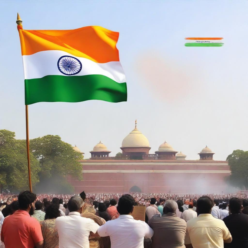 Many people including men, women, kids, cops, and soldiers are saluting an Indian flag in front of the Red Fort's terrace