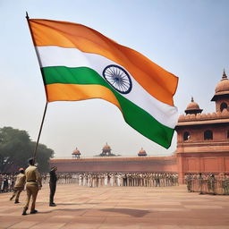 Many people including men, women, kids, cops, and soldiers are saluting an Indian flag in front of the Red Fort's terrace