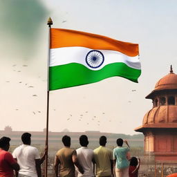 Many people including men, women, kids, cops, and soldiers are saluting an Indian flag in front of the Red Fort's terrace