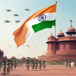 A cinematic and dramatic scene depicting men, women, kids, cops, and soldiers saluting an Indian flag in front of the terrace of the Red Fort