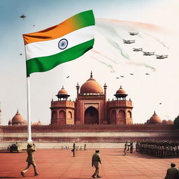 A cinematic and dramatic scene depicting men, women, kids, cops, and soldiers saluting an Indian flag in front of the terrace of the Red Fort