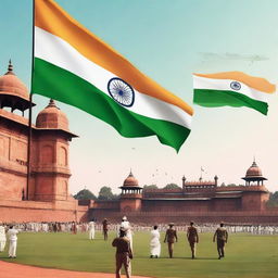 A cinematic and dramatic scene depicting men, women, kids, cops, and soldiers saluting an Indian flag in front of the terrace of the Red Fort