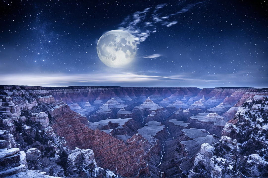 A breathtaking view of the Grand Canyon at night, with a new aspect ratio to capture more of the expansive sky and canyon's depth, illuminated by stars and moonlight