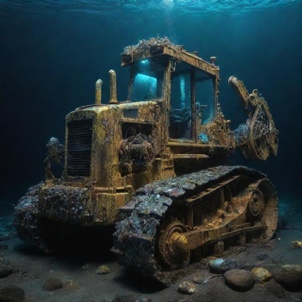 A bulldozer imagined in an aquapunk aesthetic, covered in aquatic embellishments, barnacle-encrusted metal, and glows with bioluminescence whilst performing undersea excavations.