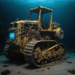 A bulldozer imagined in an aquapunk aesthetic, covered in aquatic embellishments, barnacle-encrusted metal, and glows with bioluminescence whilst performing undersea excavations.