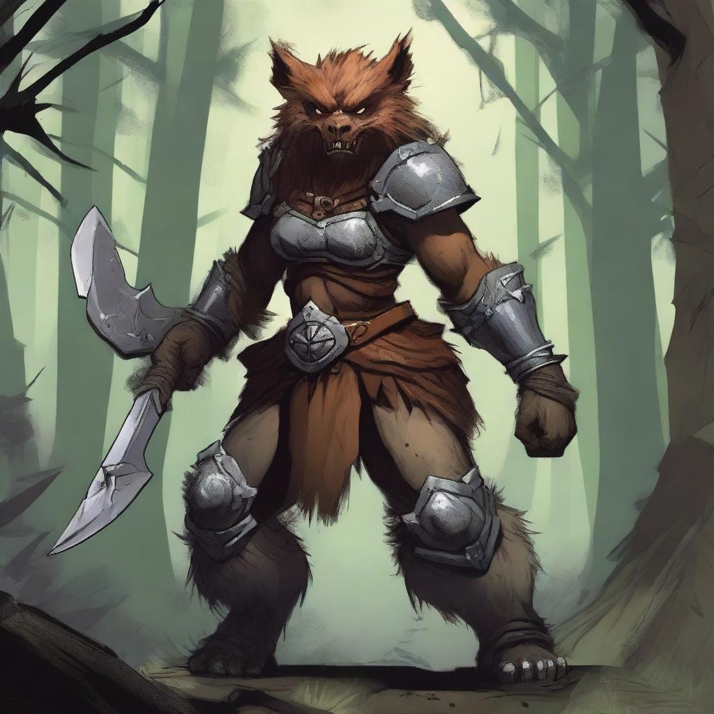 A detailed illustration of a female bugbear, a humanoid creature with bear-like features and goblinoid characteristics