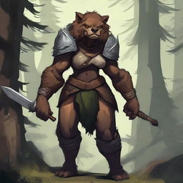 A detailed illustration of a female bugbear, a humanoid creature with bear-like features and goblinoid characteristics