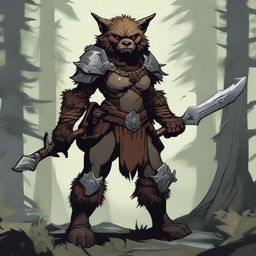 A detailed illustration of a female bugbear, a humanoid creature with bear-like features and goblinoid characteristics