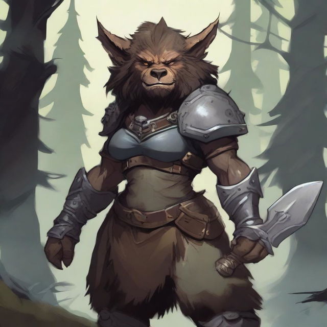 A detailed illustration of a female bugbear, a humanoid creature with bear-like features and goblinoid characteristics