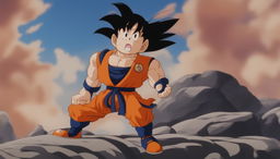 Goku from Dragon Ball stands ready for battle in his orange gi, with energy waves surrounding him on a rocky terrain.