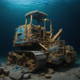 A bulldozer imagined in an aquapunk aesthetic, covered in aquatic embellishments, barnacle-encrusted metal, and glows with bioluminescence whilst performing undersea excavations.