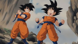 Goku from Dragon Ball stands ready for battle in his orange gi, with energy waves surrounding him on a rocky terrain.