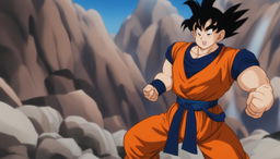 Goku from Dragon Ball stands ready for battle in his orange gi, with energy waves surrounding him on a rocky terrain.