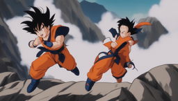 Goku from Dragon Ball stands ready for battle in his orange gi, with energy waves surrounding him on a rocky terrain.