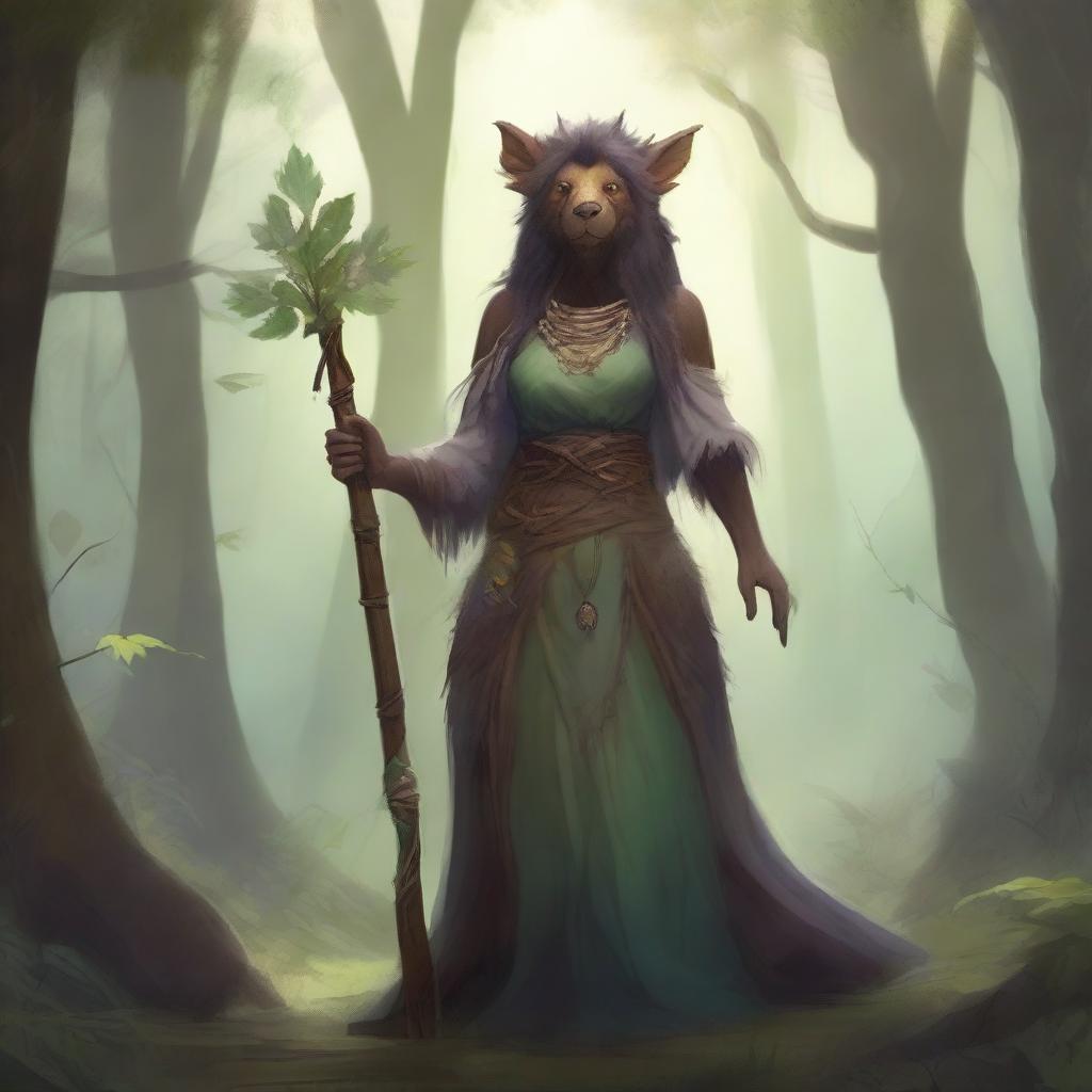 A female bugbear druid standing in a mystical forest