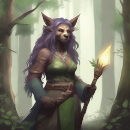 A female bugbear druid standing in a mystical forest