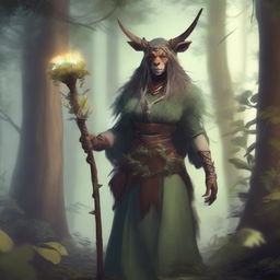 A female bugbear druid standing in a mystical forest