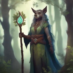 A female bugbear druid standing in a mystical forest