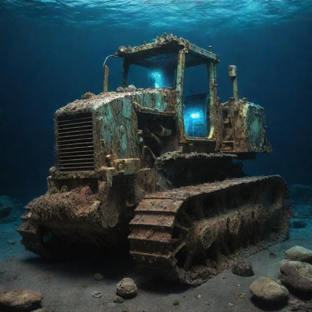 A bulldozer imagined in an aquapunk aesthetic, covered in aquatic embellishments, barnacle-encrusted metal, and glows with bioluminescence whilst performing undersea excavations.