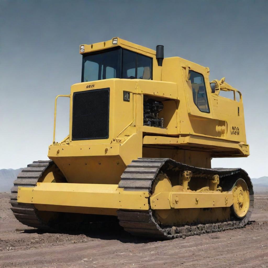 A bulldozer engineered in a nuclearpunk vision, reinforced with heavy-duty radiation shielding, glowing with residual radioactivity, and designed to operate in a post-nuclear scenario.