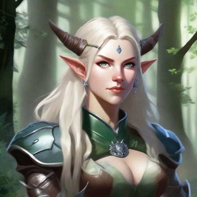 A beautiful female Firbolg character from Dungeons & Dragons 5e with a heart-shaped face, cow nose, and big cow-like ears