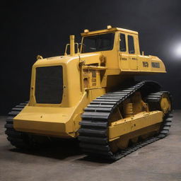 A bulldozer engineered in a nuclearpunk vision, reinforced with heavy-duty radiation shielding, glowing with residual radioactivity, and designed to operate in a post-nuclear scenario.