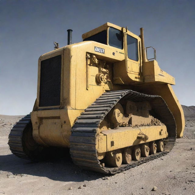 A bulldozer engineered in a nuclearpunk vision, reinforced with heavy-duty radiation shielding, glowing with residual radioactivity, and designed to operate in a post-nuclear scenario.