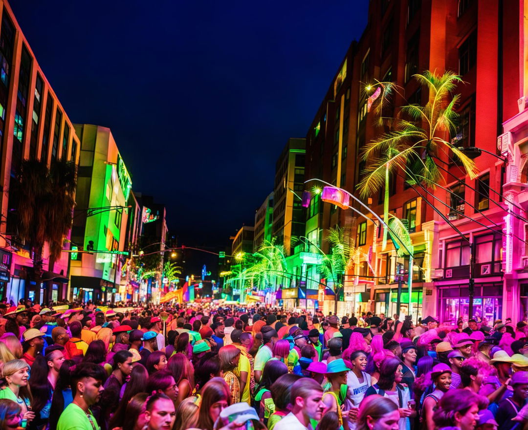 An HD photograph of an inner-city streetscape celebrating Gay Pride week with neon lighting, vibrant colors, and an energetic, raucous mood