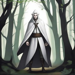 A rogue elf with one of his eyes white, standing in a mysterious forest