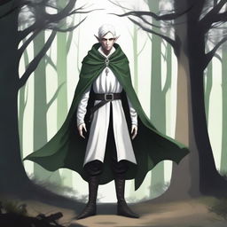 A rogue elf with one of his eyes white, standing in a mysterious forest