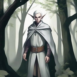 A rogue elf with one of his eyes white, standing in a mysterious forest